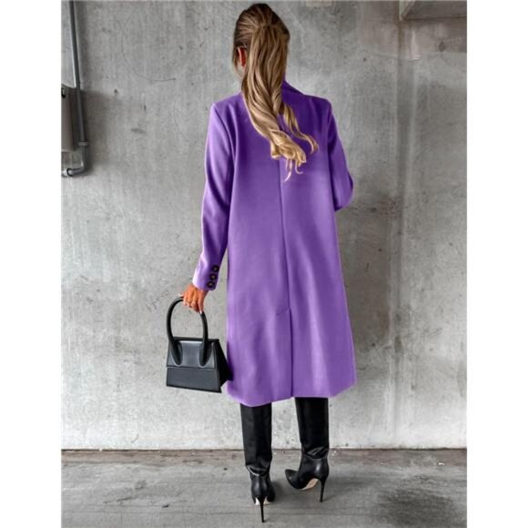 Womens Long Wool Coat Double Breasted Trench Coat Purple - Picture 4 of 4